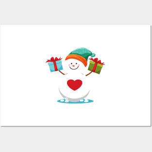 Christmas snowman holding gifts Posters and Art